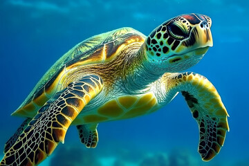 Obraz premium elegant sea turtle gracefully swimming in clear blue water, showcasing its vibrant shell and serene movement