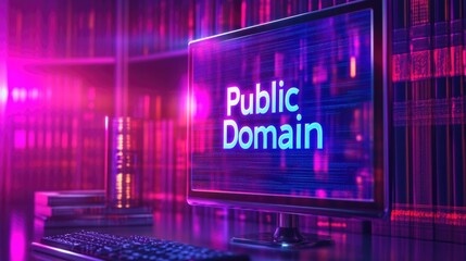 Glowing digital screen displaying 'public domain' in neon library setting