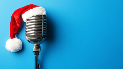 A retro microphone with a Santa hat on a blue background, a Christmas music concept 
