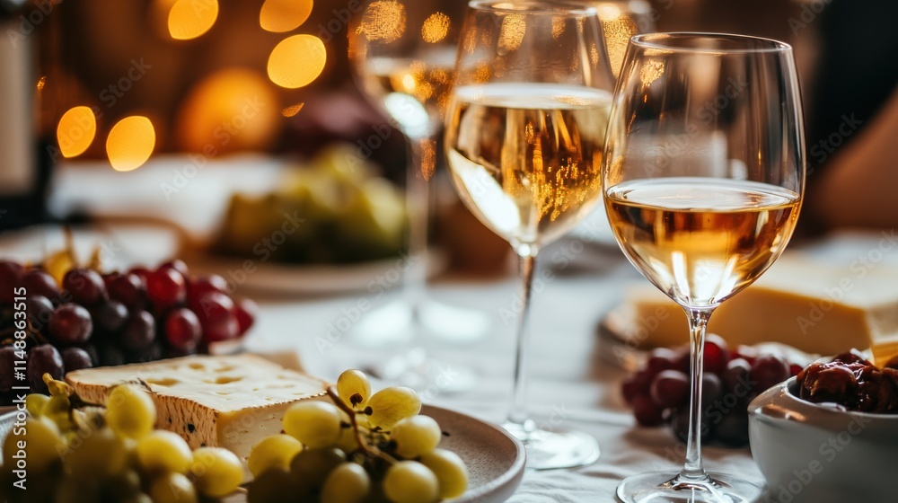 Poster elegant dining table set for a delightful gathering with wine, cheese, and fresh grapes. generative 