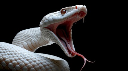 Fototapeta premium A striking close-up of a white snake with its mouth open, showcasing its fangs against a dark background.