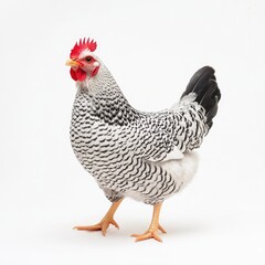 Fototapeta premium Striking Black and White Barred Rock Chicken with Bright Red Comb Standing Proudly on White Background