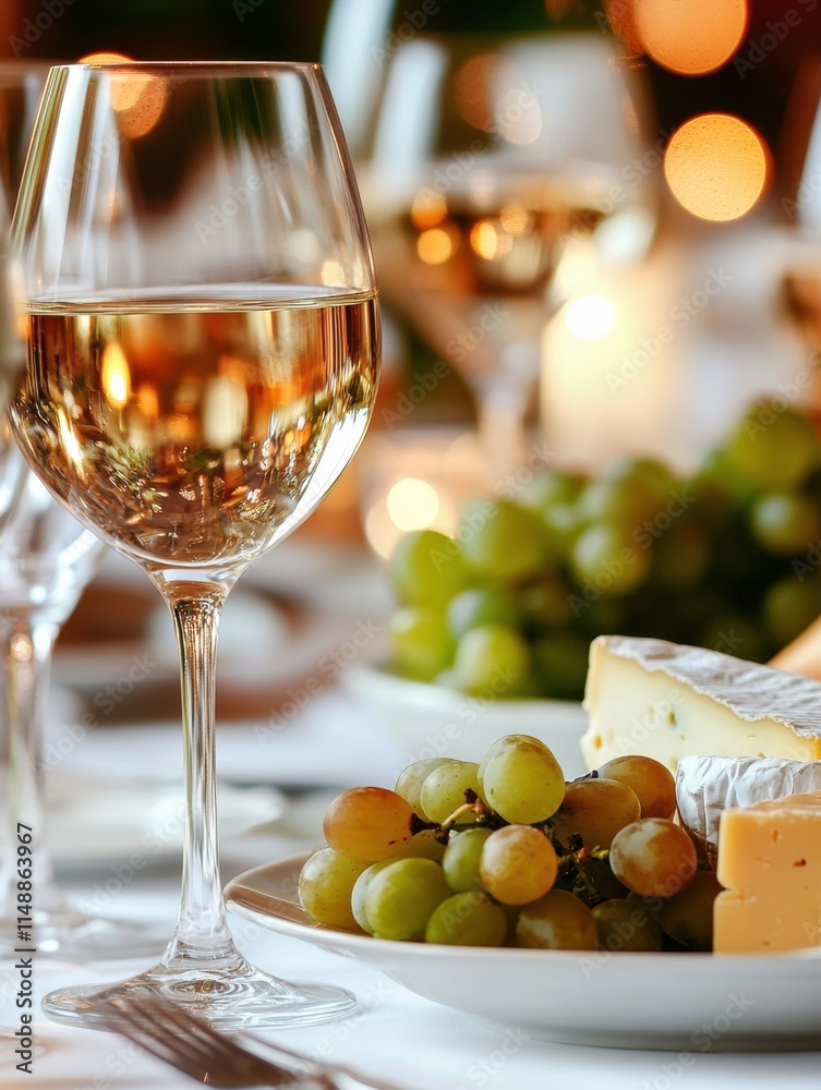 Poster elegant dining table setting with wine glasses, cheese platter, and fresh grapes for a fine gatherin