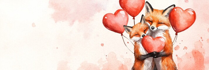 Two Foxes with Heart Balloons - Cute foxes, watercolor style, embracing, heart-shaped balloons, Valentine's Day, love, romance.