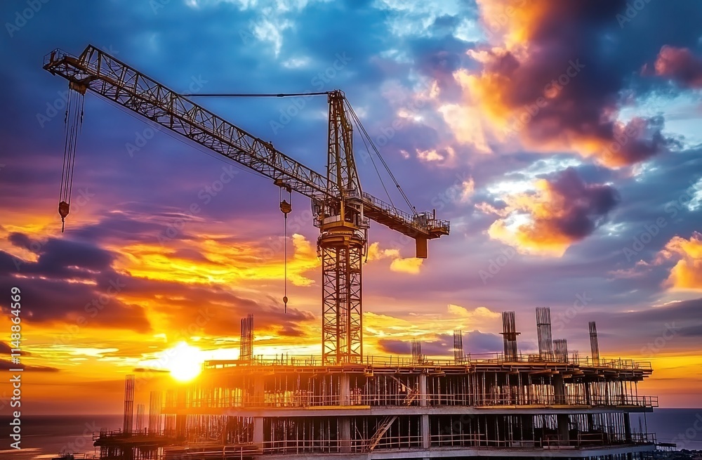 Wall mural A tower crane is lifting building materials at sunset, with the sky painted in vibrant hues of orange and purple.