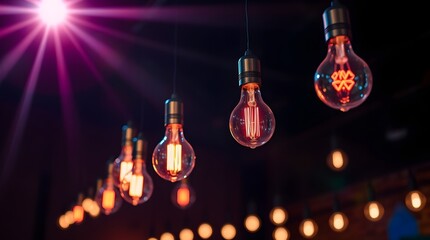  Vivid hanging bulbs illuminate a dark studio. Soft pastel colors, contrasting chiaroscuro lighting, strong contrasts, deep shadows. Graceful, elegant, refined features. 