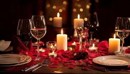 Table romantique avec bougies, p&eacute;tales de roses et vin pour d&icirc;ner Generated image