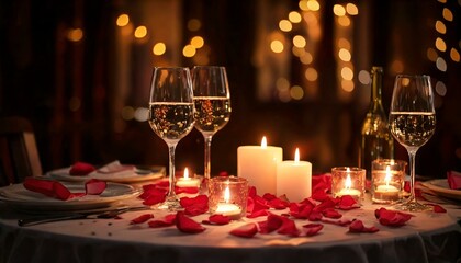 Table romantique avec bougies, pétales de roses et vin pour dîner Generated image