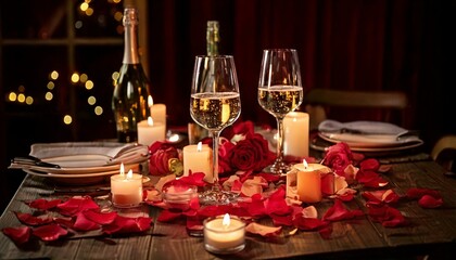 Table romantique avec bougies, p&eacute;tales de roses et vin pour d&icirc;ner Generated image