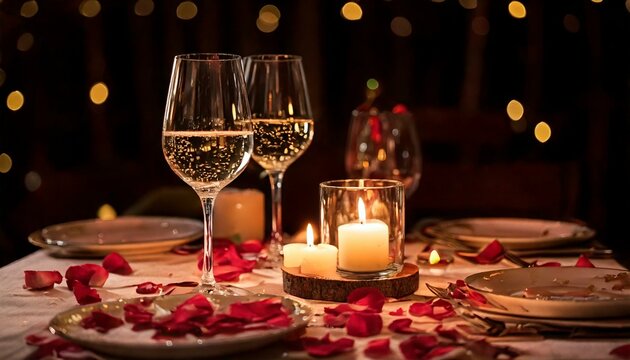Table romantique avec bougies, p&eacute;tales de roses et vin pour d&icirc;ner Generated image