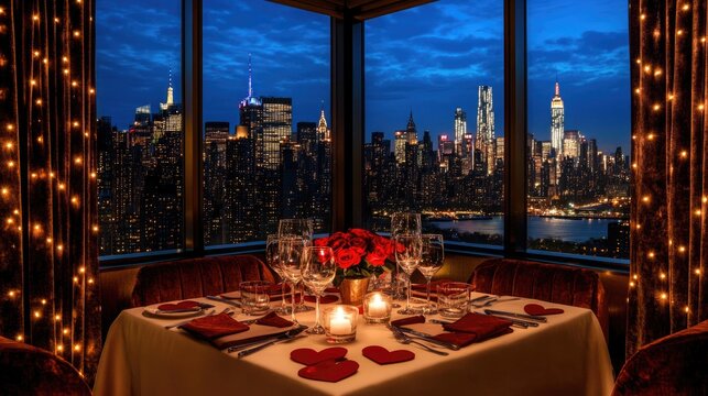 Romantic dinner for two overlooking sparkling new york skyline at night - Powered by Adobe