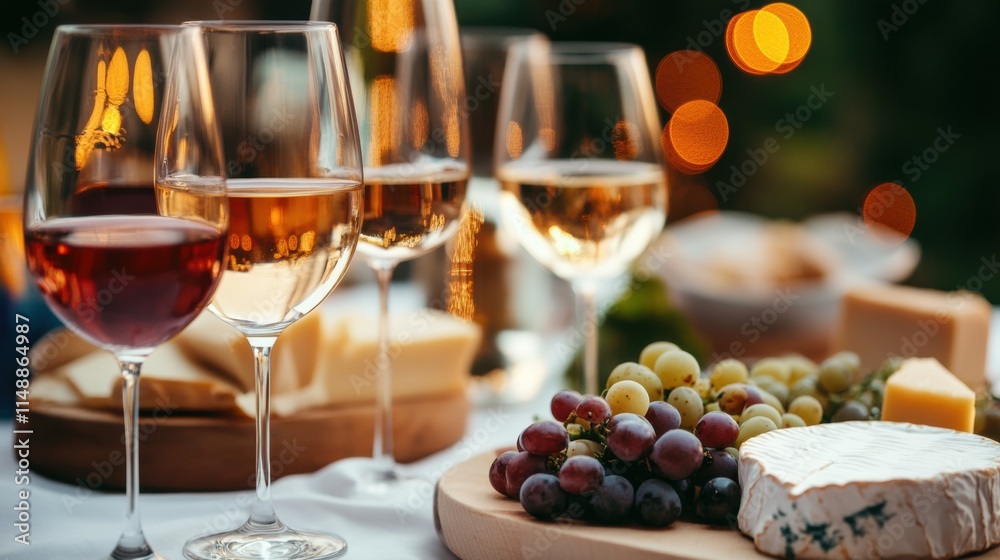Aufkleber elegant wine and cheese gathering with assorted fruits on a white table. generative ai