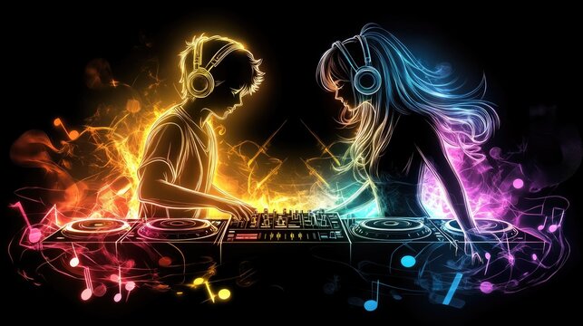 Neon silhouettes of young djs mixing music with vibrant lights and headphones
