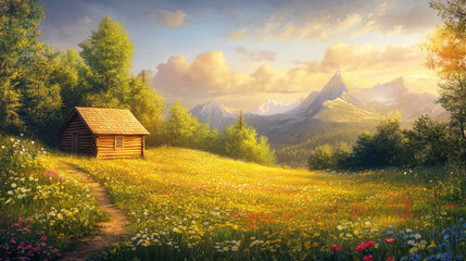 "A picturesque landscape featuring a small wooden log cabin situated on a tranquil meadow, surrounded by natural beauty."
