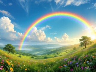 Naklejka premium Vibrant Rainbow Over a Lush Green Meadow with Colorful Wildflowers