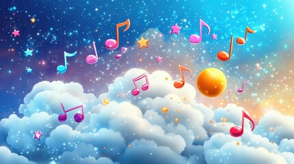 Colorful musical notes floating in dreamy cloudy sky with stars