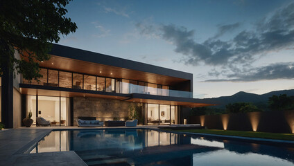 Modern two-story house with dark exterior, wood accents, and large windows. It features a rectangular swimming pool in front, illuminated at dusk.  Landscaping includes a low wall and outdoor lighting