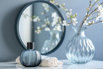 Minimalist composition of an elegant bathroom setting with a gray wall, mirror and glass vase on a white table with navy blue accents and a grey background