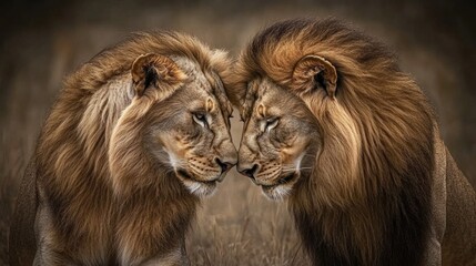 Obraz premium Two majestic lions facing each other with stunning mane in wild. The 14th of February. Happy Valentine's Day