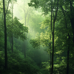 Lush green forest with sunlight filtering through trees, creating serene atmosphere