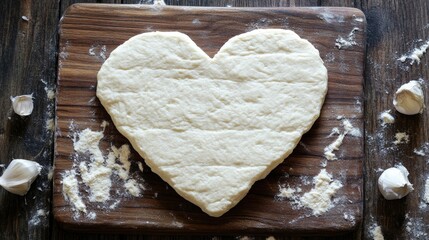 Heart-shaped dough on wooden board with garlic and flour. The 14th of February. Happy Valentine's Day