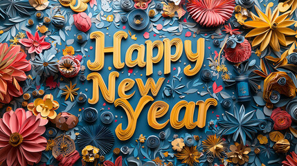 Festive Paper-Cut Illustration Celebrating New Year with Fireworks and "Happy New Year" Message