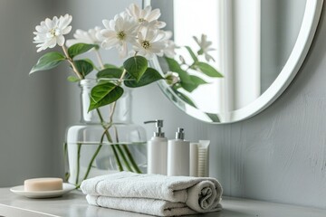 Minimalist composition of grey and white items on a table, a bathroom mirror with a hand towel and flowers in a vase, copy space for text, grey background,