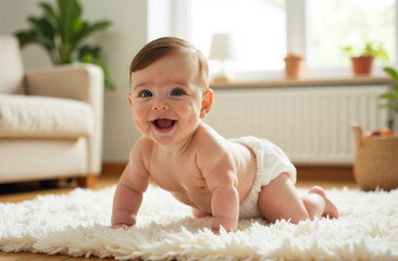 Cute baby girl in diaper crawling on carpet at home. Adorable little child having fun and smiling. Adorable child learning to crawl