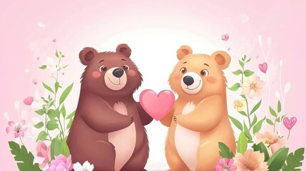 Two cartoon bears holding a heart amidst flowers on a pink background. The 14th of February. Happy Valentine's Day