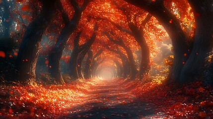 Fototapeta premium Sunlit autumn path through vibrant red trees.