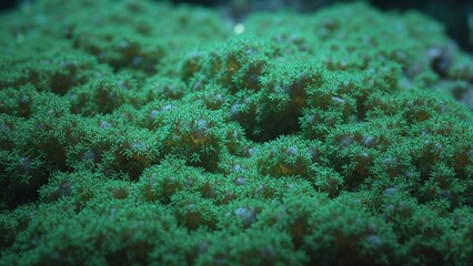 Vibrant green star coral with tiny polyps basking in filtered light