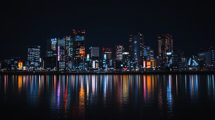 Fototapeta premium Urban skyline at night with glowing billboards, skyscrapers, and colorful water reflections