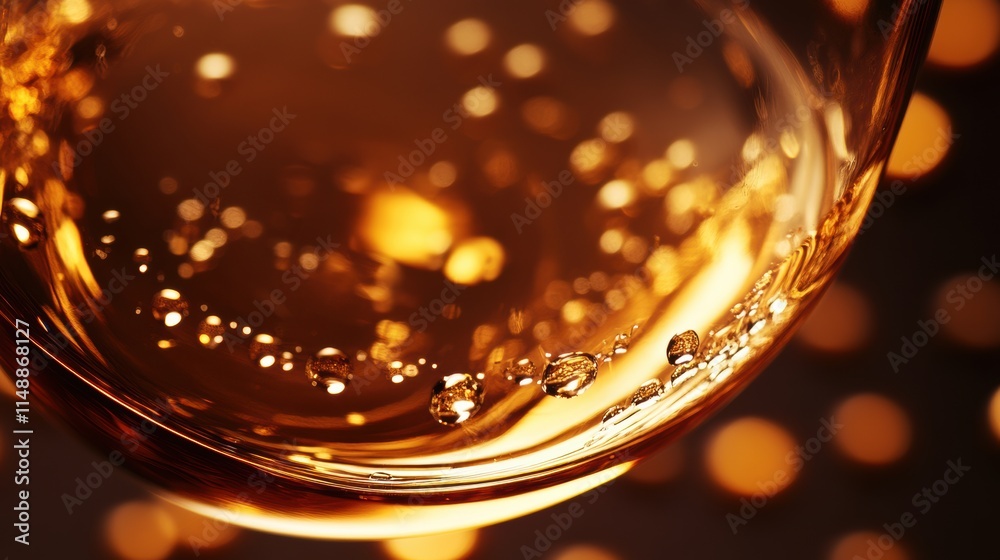 Poster sparkling bubbles in a glass of golden liquid under warm, glowing lights at an evening gathering. ge