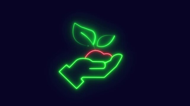 Green initiatives icon,  protection and eco sustainability in an organization. examining environmental elements suitable for green businesses Glowing neon line of hand holding sprout icon - Powered by Adobe