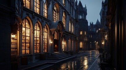 Naklejka premium Enchanted night street with glowing library windows. Ornate buildings line cobbled street. Warm light emanates from library windows displaying books. Vintage lanterns cast shadows. Mysterious,