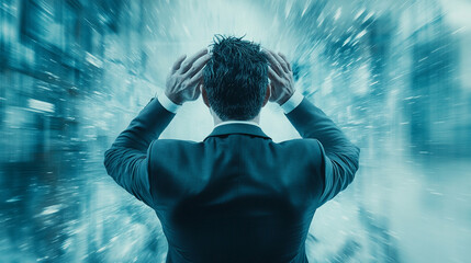 businessman seen from behind, his posture heavy with despair, facing blurred office chaos. The image symbolizes financial crisis, bankruptcy, and the emotional toll of corporate challenges