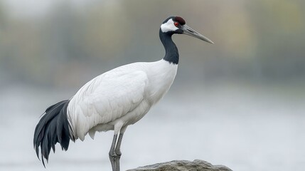 Naklejka premium White-naped crane standing on a rock near water.
