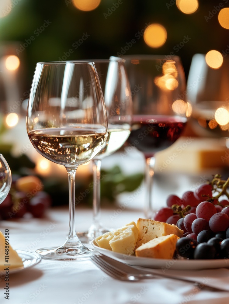Poster elegant dining table setting with assorted wine glasses, cheese, and fruits for a cozy gathering. ge