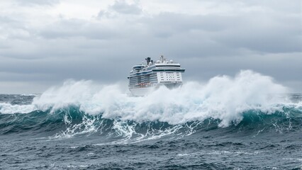 Naklejka premium Dramatic image of a cruise ship battling massive waves in a storm white sides splashed horizon hidden by dark clouds