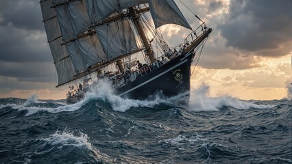 Dramatic sailboat listing in stormy seas at sunset