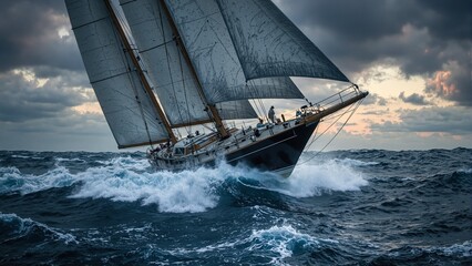 Naklejka premium Dramatic sailboat listing in stormy seas at sunset