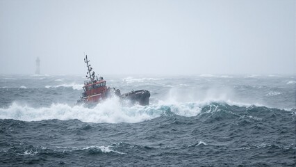 Obraz premium Dramatic scene of a tugboat in stormy seas waves crashing over deck lighthouse on horizon