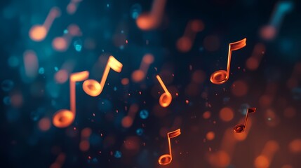 Music notes floating into the distance on a dark background, creating a sense of depth