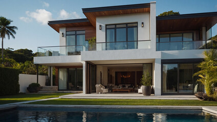 Fototapeta premium Modern Two-Story Residence with Pool and Landscaping