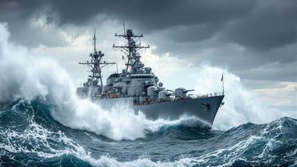 Military frigate slicing through massive wave in stormy seas under heavy clouds and rain
