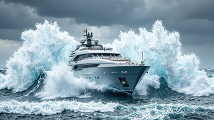 Naklejka premium Luxury yacht battling massive waves under stormy skies