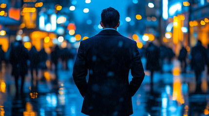 businessman seen from behind, his posture heavy with despair, facing blurred office chaos. The image symbolizes financial crisis, bankruptcy, and the emotional toll of corporate challenges