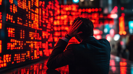 businessman seen from behind, his posture heavy with despair, facing blurred office chaos. The image symbolizes financial crisis, bankruptcy, and the emotional toll of corporate challenges