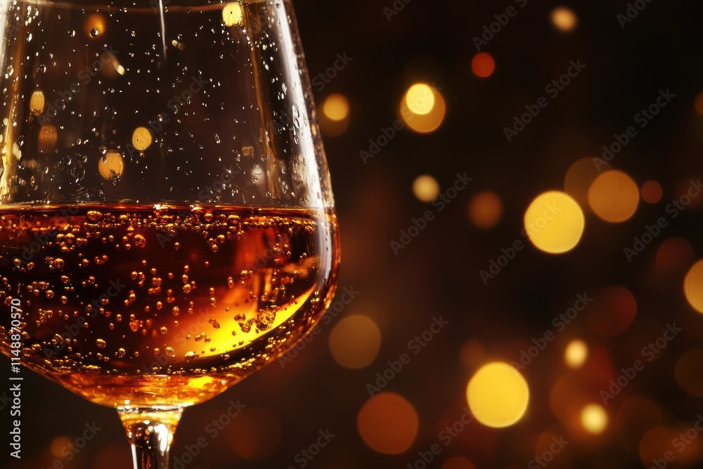 Poster bubbles rise in a sparkling glass with warm, golden hues creating a festive atmosphere for celebrati