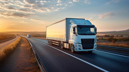 White refrigerated truck moves on highway at sunset. Landscape view shows golden fields, trees. Efficient transportation of fresh meats. Modern trucking with AI-powered supply chain management. Food